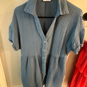 Pink Lily Textured Blue Button-Down Shirt